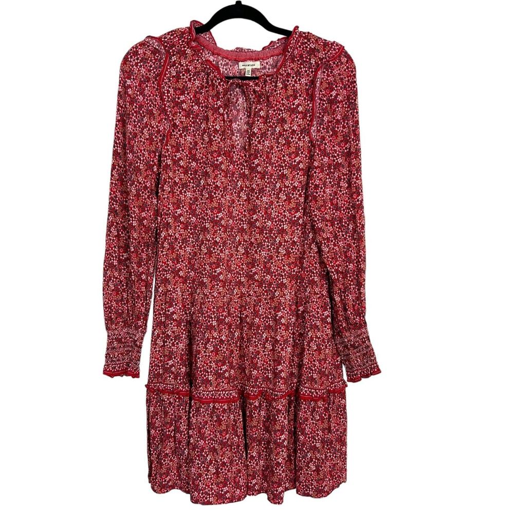 Women's Max Studio Cottage Core tiered Red Ditzy Floral Dress Size M EUC